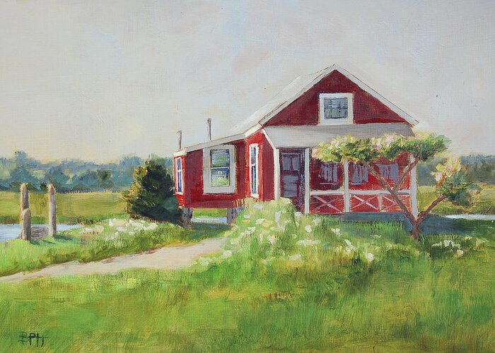 Seashore Greeting Card featuring the painting Cottage On The Marsh by Barbara Hageman