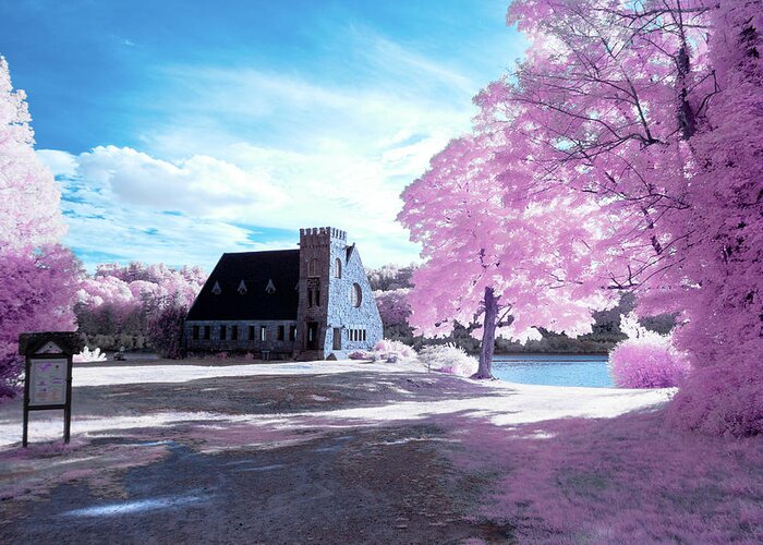 Old Stone Church West Boylston W W. Architecture Stonewall Outside Outdoors Sky Clouds Trees Bushes Brush Grass Geese Birds Newengland New England U.s.a. Usa Brian Hale Brianhalephoto Ir Infrared Infra Red Historic Greeting Card featuring the photograph Cotton Candy Church by Brian Hale