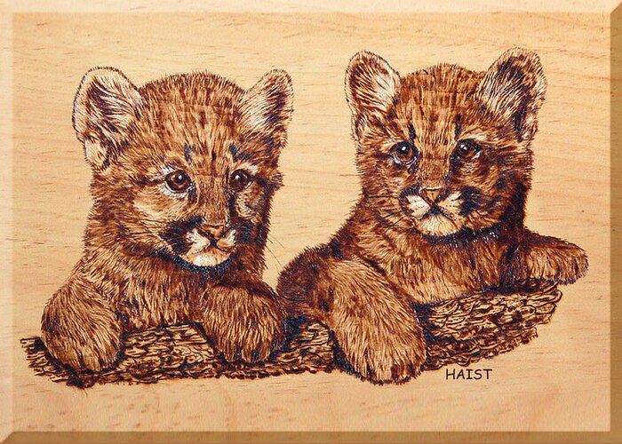 Cougar Greeting Card featuring the pyrography Cougar Cubs by Ron Haist