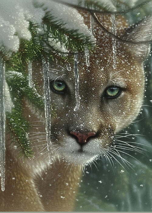 Cougar Painting Greeting Card featuring the painting Cougar - Mountain Lion - Frozen by Collin Bogle