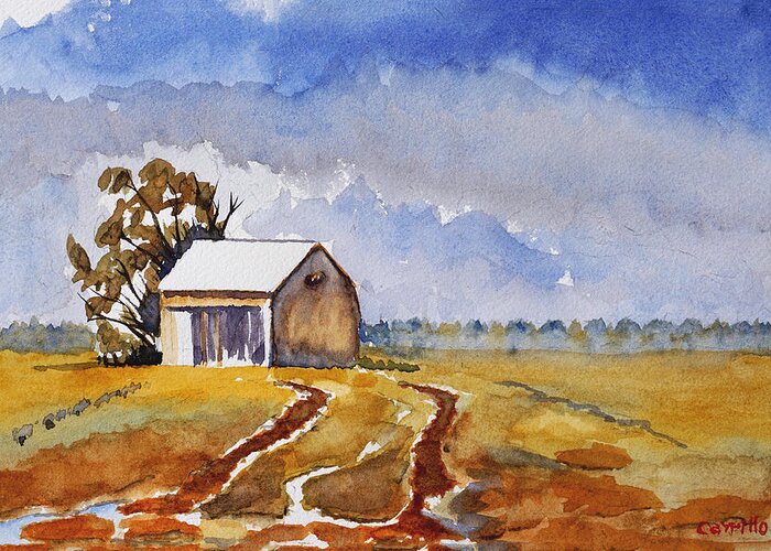 Rural Landscape Greeting Card featuring the painting Country Barn by Ruben Carrillo