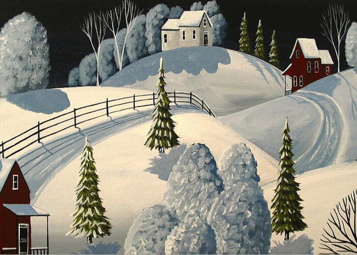 Art Greeting Card featuring the painting Country Winter Night - folk art landscape by Debbie Criswell