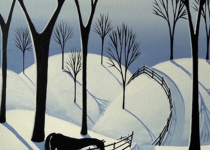 Folk Art Greeting Card featuring the painting Country Winter Road - horse snow folk art by Debbie Criswell