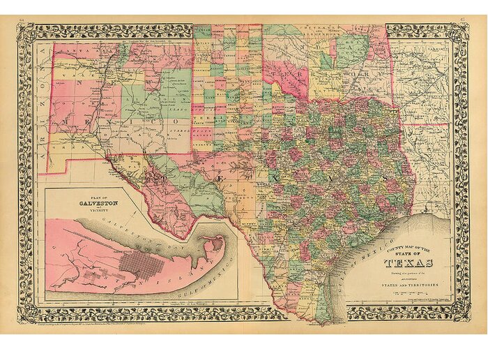Texas Greeting Card featuring the digital art County Map of Texas by S. A. Mitchell 1881 by Texas Map Store