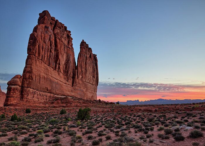 Dawn Greeting Card featuring the photograph Courthouse Towers Arches National Park at Dawn by Kyle Lee