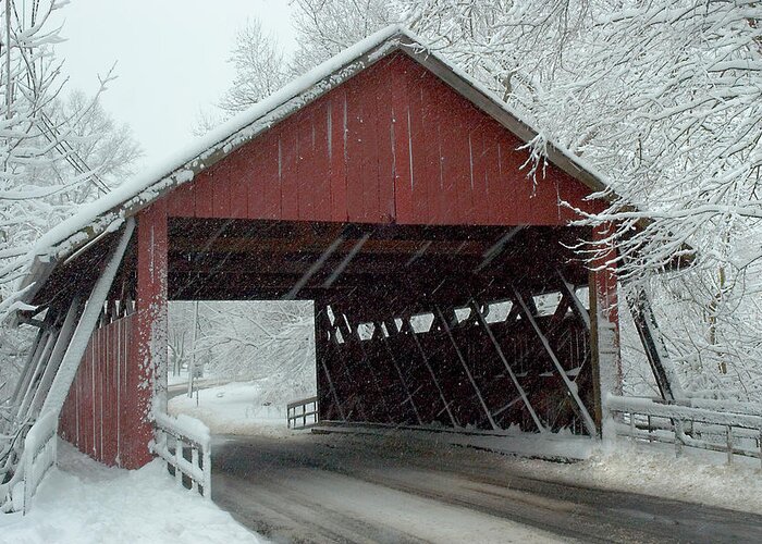 Covered Bridge Greeting Card featuring the photograph Covered Bridge in Snow by Don Mennig