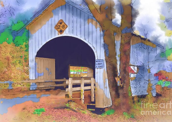 Covered-bridge Greeting Card featuring the digital art Covered Bridge In Watercolor by Kirt Tisdale