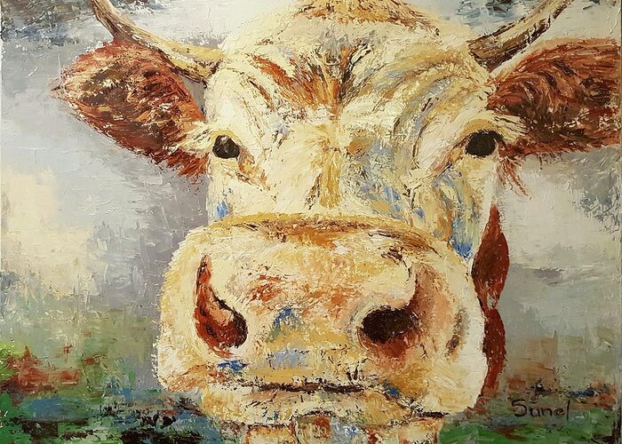 Cow Greeting Card featuring the painting Cow face by Sunel De Lange