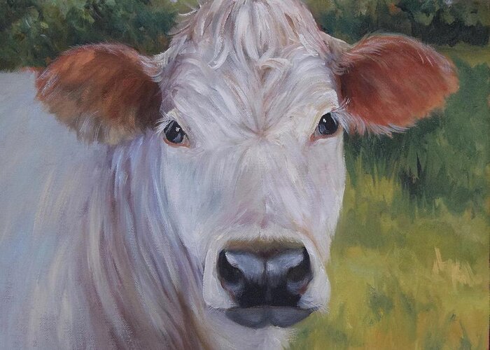 Animal Greeting Card featuring the painting Cow Painting Ms Ivory by Cheri Wollenberg