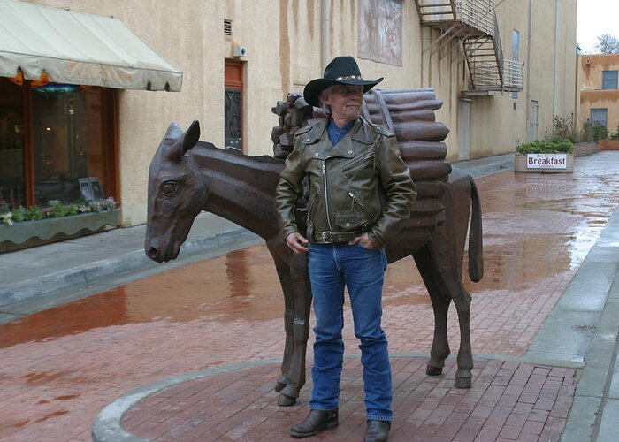 Cowboy Larry Greeting Card featuring the painting Cowboy Larry and his burro Santa Fe New Mexico by Imagery-at- Work