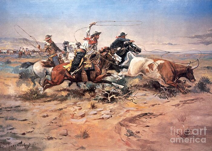 Cowboys Greeting Card featuring the painting Cowboys roping a steer by Charles Marion Russell