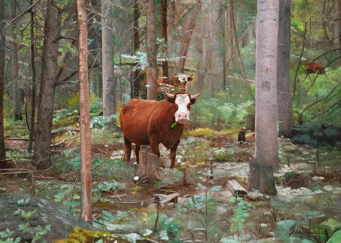 Landscape Greeting Card featuring the painting Cows in the Woods by Joshua Martin