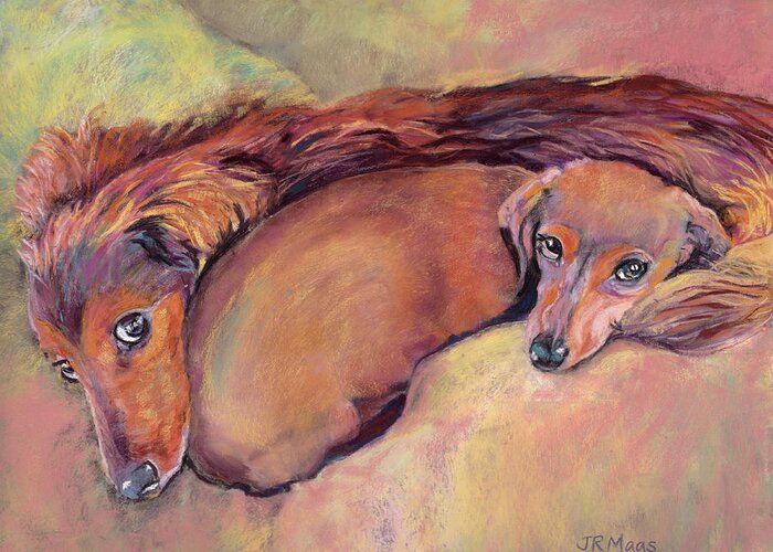Dachshund Greeting Card featuring the pastel Yukon and Molly by Julie Maas