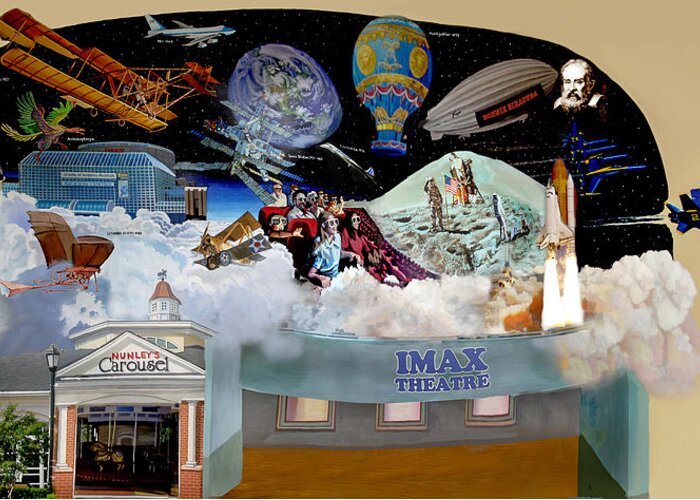 Outerspace Greeting Card featuring the painting Cradle Of Aviation Museum IMAX Theatre by Bonnie Siracusa