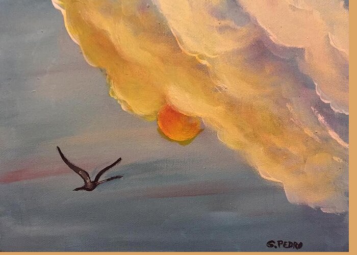 Crane Greeting Card featuring the painting Crane in Flight during a Florida Sunset by George Pedro