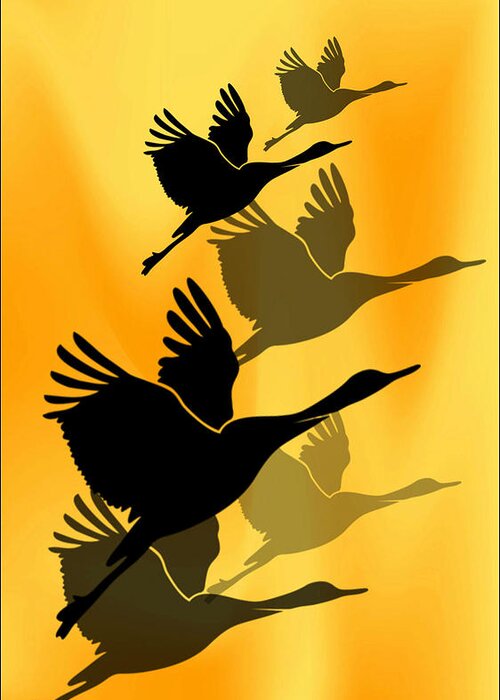 Cranes Greeting Card featuring the digital art Cranes in flight by Rumiana Nikolova