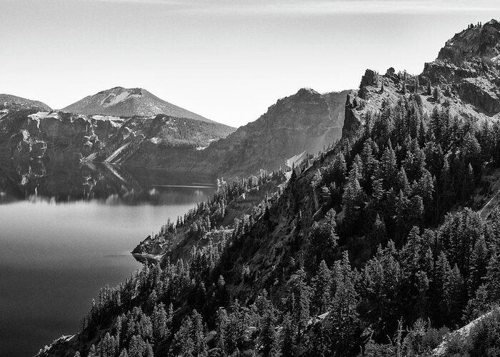 Crater Lake West Rim Greeting Card featuring the photograph Crater Lake 4 Black and White by Frank Wilson