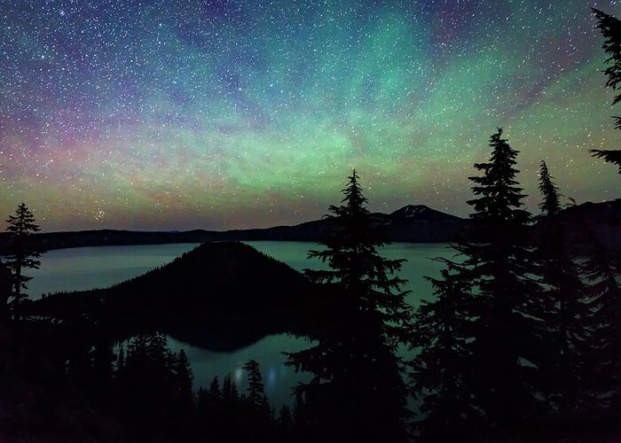 Night Greeting Card featuring the photograph Crater Lake Airglow by Cat Connor