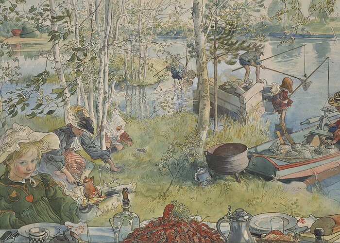 19th Century Art Greeting Card featuring the painting Crayfishing. From A Home by Carl Larsson