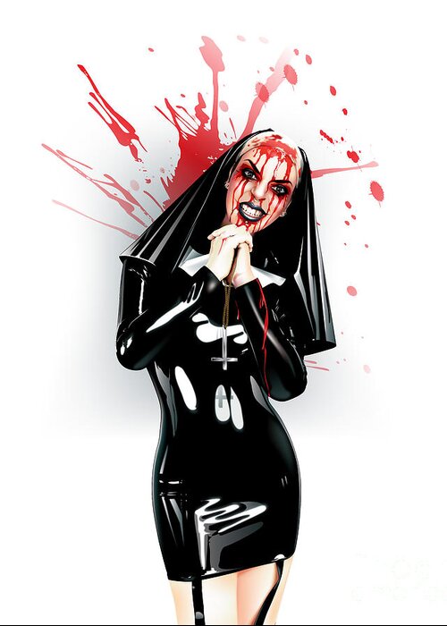 Pin-up Greeting Card featuring the drawing The crazy nun blood splatter by Brian Gibbs