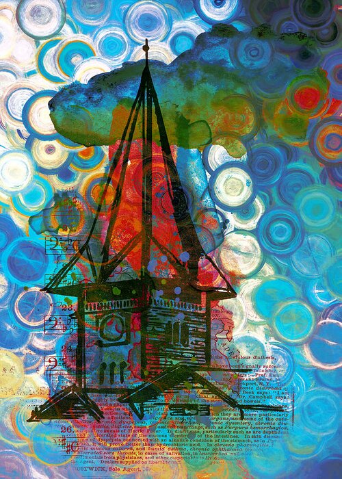 Crazy House In The Clouds Whimsy Greeting Card featuring the painting Crazy Red House In The Clouds Whimsy by Georgiana Romanovna