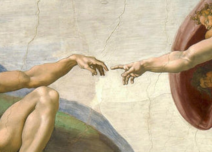 Creation Of Adam Greeting Card featuring the painting Creation of Adam - Painted by Michelangelo by War Is Hell Store