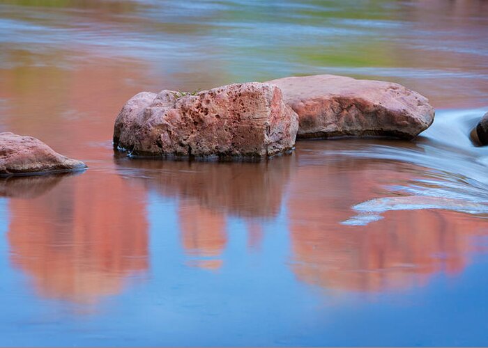 Red Rocks Greeting Card featuring the photograph Creek Rocks with Cathedral Rock Reflection by Bob Coates