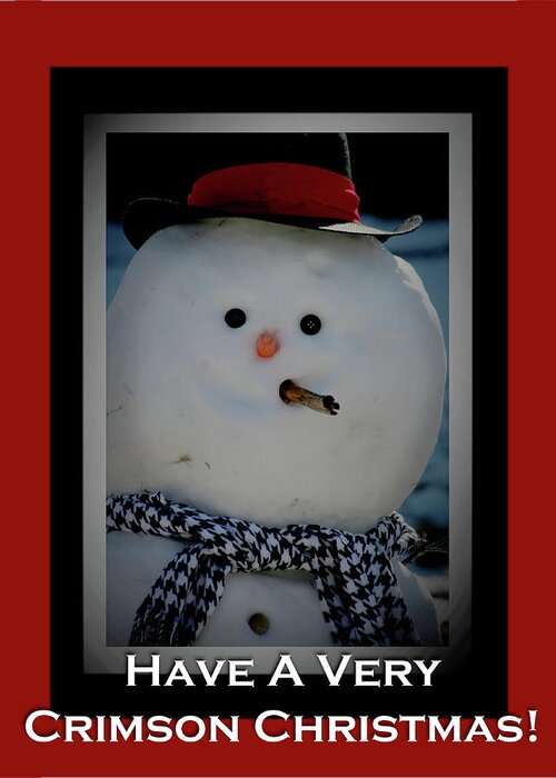 Snowman Greeting Card featuring the mixed media Crimson Christmas Snowman by Lesa Fine