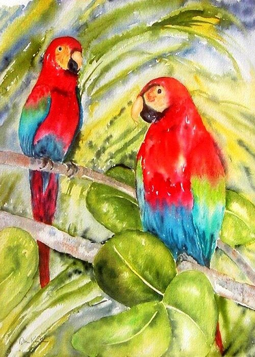 Birds Greeting Card featuring the painting Crimson Macaws by Diane Kirk