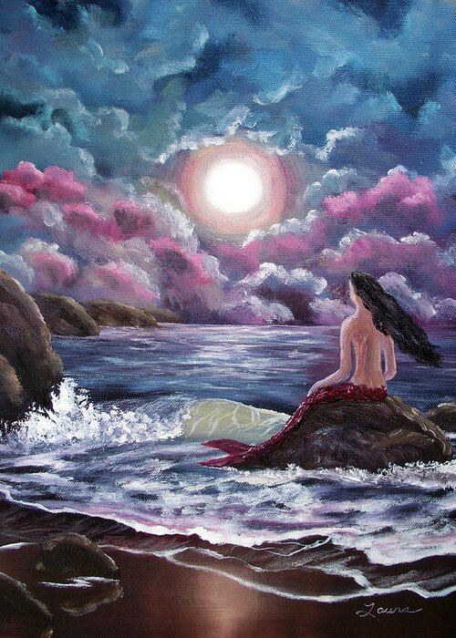 Moon Greeting Card featuring the painting Crimson Mermaid by Laura Iverson