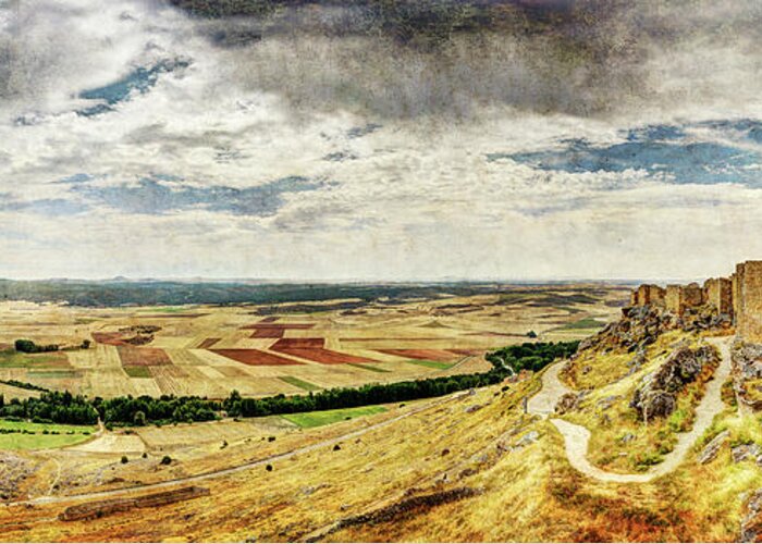 Castler Greeting Card featuring the photograph Crop Fields and Village beneath the Castle - Vintage Version by Weston Westmoreland