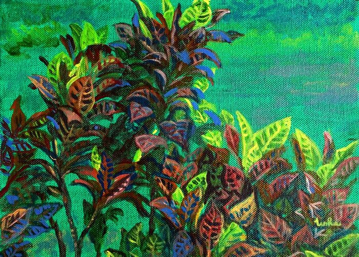 Crotons Greeting Card featuring the painting Crotons 7 by Usha Shantharam