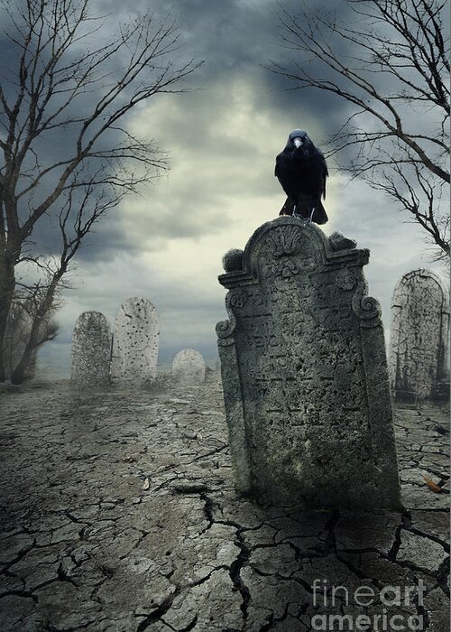 Graveyard Greeting Card featuring the digital art Crow on the tombstone. Halloween design. by Jelena Jovanovic