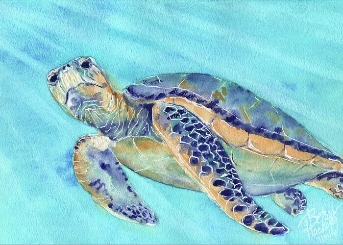 Watercolor Painting Hand Crush Seaturtle Sea Turtle Nemo Endangered Species Water Light Ocean Creature Animal Loggerhead Green Purple Blue Orange Ray Original Woman Owned Military Spouse Milspo Milspouse Small Business Betsy Hackett Artist Watercolorist Mom Greeting Card featuring the painting Crush by Betsy Hackett