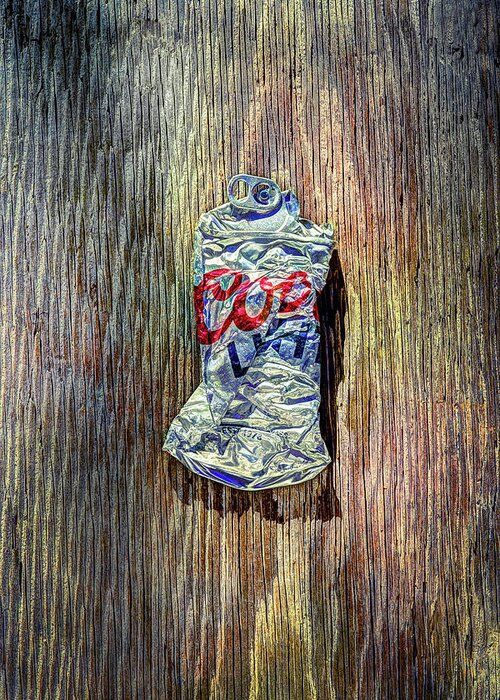 Can Greeting Card featuring the photograph Crushed Silver Light Beer Can on Plywood 80 by YoPedro