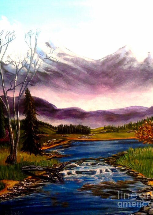 Backdrop Of Purple Misted Snow Capped Mountains Blue Skies With Light Clouds Golden Green Rolling Hills With Evergreen Trees Crystal Blue Water With Fast Moving Stream And Waterfall With Rocks And Driftwood Landscape Paintings Water Paintings Mountain Scene Paintings Acrylic Paintings Greeting Card featuring the painting Crystal Lake with Snow Capped Mountains by Kimberlee Baxter