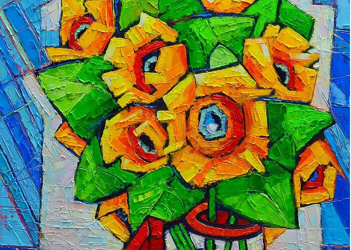 Sunflower Greeting Card featuring the painting Cubist Sunflowers - Original Oil Painting by Ana Maria Edulescu