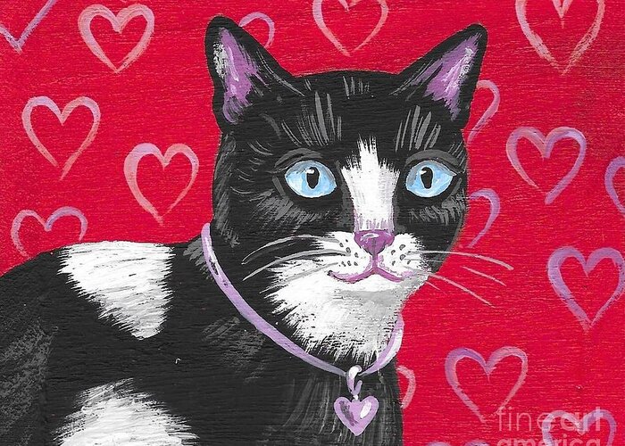 Print Greeting Card featuring the painting Cuddles The Tuxedo Cat by Margaryta Yermolayeva