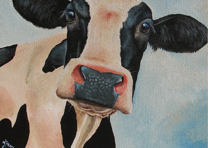 Cow Greeting Card featuring the painting Curiosity by Laura Carey