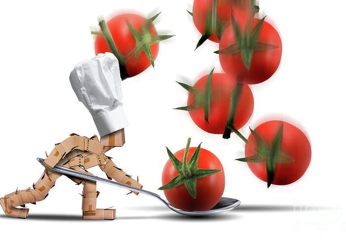 Kitchen Greeting Card featuring the digital art Cute chef box character catching tomatoes by Simon Bratt