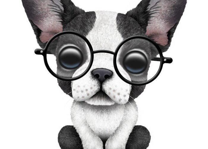 French Bulldog Greeting Card featuring the digital art Cute French Bulldog Puppy Wearing Glasses by Jeff Bartels