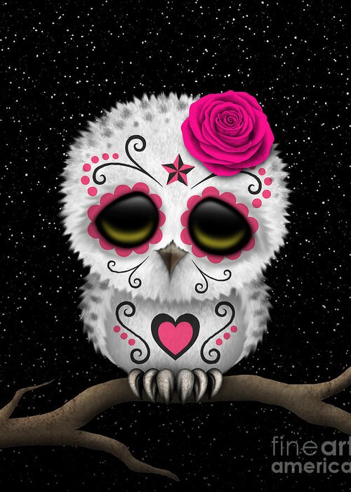 Owl Greeting Card featuring the digital art Cute Pink Day of the Dead Sugar Skull Owl on a Branch by Jeff Bartels