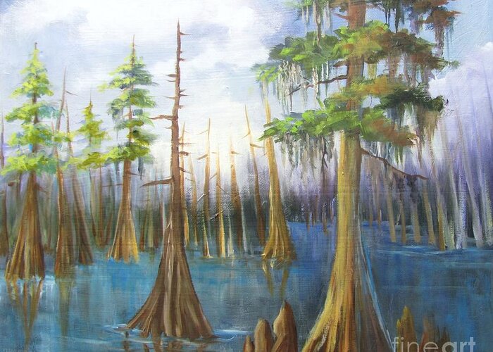 Cypress Trees Greeting Card featuring the painting Cypress Bayou 136 by Barbara Haviland