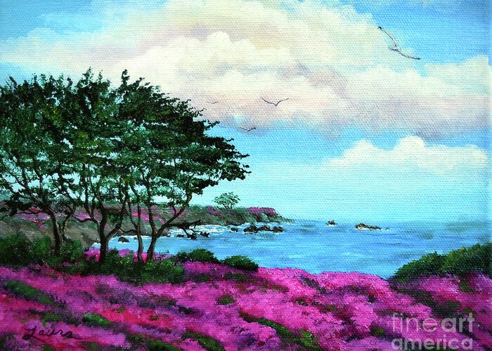 Carmel Greeting Card featuring the painting Cypress Trees by Lovers Point by Laura Iverson