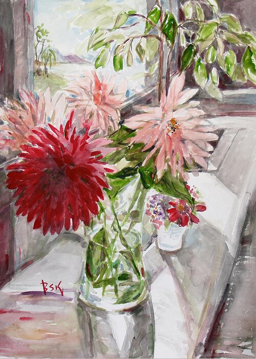 Floral Greeting Card featuring the painting Dahlias by Becky Kim