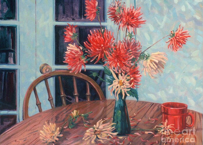 Still Life Greeting Card featuring the painting Dahlias with Red Cup by Donald Maier