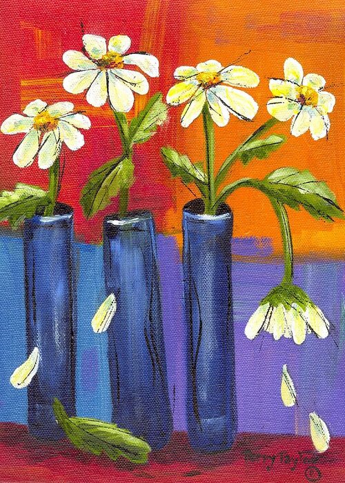 Daisy Greeting Card featuring the painting Daisies in Blue Vases by Terry Taylor