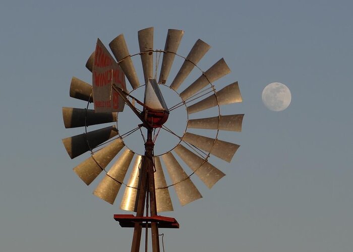 Windmill Greeting Card featuring the photograph Dakota Windmill And Moon by Keith Stokes