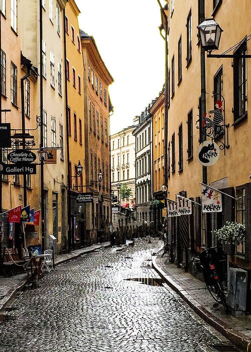 Ian Watts Greeting Card featuring the photograph Damp Stockholm street by Ian Watts
