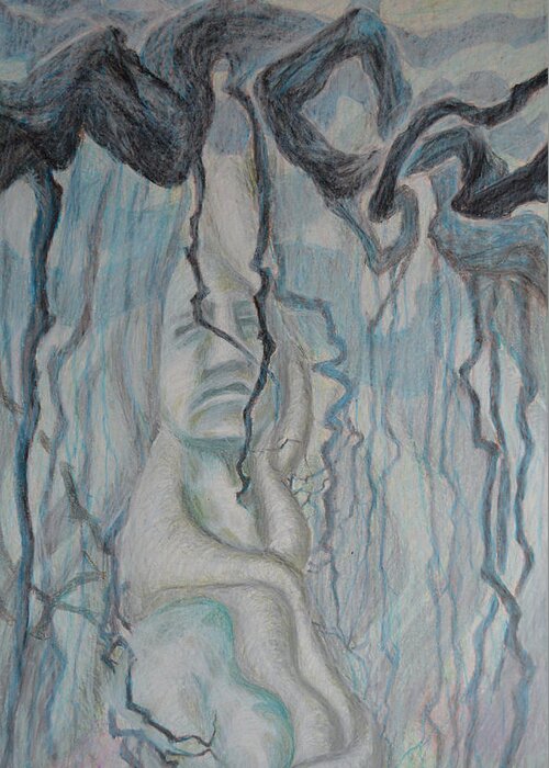 Abstract Modern Outsider Raw Folk Woman Brut Face Scribble Stretch Female Tree Root Roots Nematodes Greeting Card featuring the painting Dance Of Nematodes And Roots by Nancy Mauerman